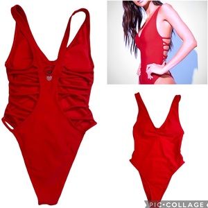 Red plunge one piece swimsuit strappy open back high cut lined and cheeky